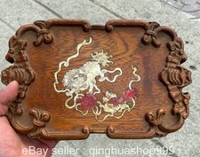 10" ancienHuali bois incrustation Shell sculpture Foo chien motif plateau de thé