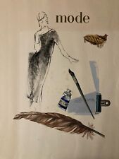Beau Dessin Gouache 1950 Sur Papier Femme  Chapeau Mode Prêt À Porter Art Deco