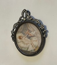 Peinture miniature nu féminin curiosa XIXème femme nue & Eros tableau érotisme