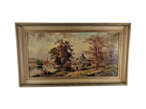 Huile toile chaumiere bord - huile,