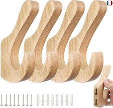 WJUAN Porte-Manteau Mural en Bois de Chêne Massif ? 4 Crochets Doubles avec Vis 