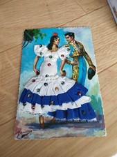 Carte postale tissu, brodée, signée - ESPAGNE flamenco couple de danseurs N3 