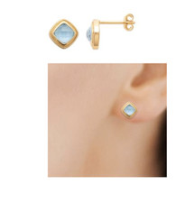 Boucles D'oreilles Puces Cristal Aigue-Marine Plaqué or 18 Carats 750/1000