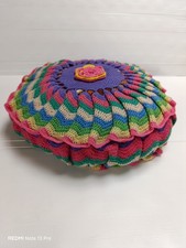 Ancien Coussin Rond Au crochet Laine Vintage Années 70