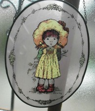 Sarah Kay décor peint sur verre cerclage plomb années 70