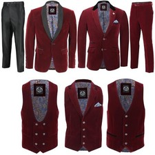 Hommes Bordeaux Velours Vintage 3 Pièce Costume Smoking Veste Blazer Pantalon