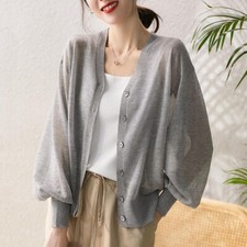 Femme Tricoté Manteaux Vestes Haut Décontracté Court Bouton Col V Manches Puff