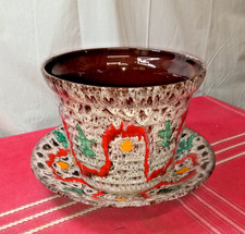 beau gros cache pot emaux POET LAVAL vannerie drome avec soucoupe 50 - 60