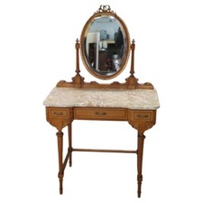 Coiffeuse italienne ancienne en merisier et marbre avec miroir