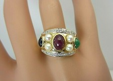 14k or Jaune Cabochon Rubis Émeraude Saphir Bleu Pearl Diamond Bague