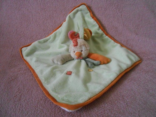 Doudou plat coq vert orange - coq,
