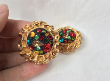 PAIRE CLIPS BOUCLE OREILLES JACKY DE G RESINE STRASS VINTAGE 1980 HAUTE COUTURE