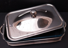 PLAT DE SERVICE COUVERT en Métal Argenté, verre, Rectangulaire GRATIN, LEGUMIER