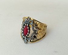 BAGUE STYLE BAROQUE ARGENT MASSIF VERMEIL VINTAGE PIERRE ROUGE taille 57