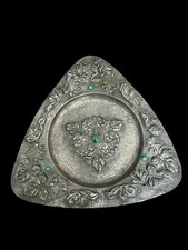 Plat Art Nouveau Ancien 1900 Etain Pate De Verre Floral Antiquité 