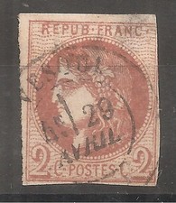 40B (1870) Cérès 2c brun-rouge Bordeaux Oblitéré de Vesoul Défectueux(cote 300e)