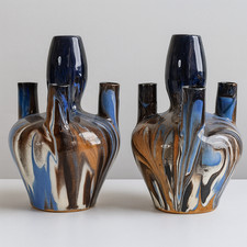 Paire de vases soliflores vintage marbrés bleu et marron – céramique 1950s