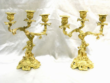 RARE PAIRE BOUGEOIR ROCAILLE BRONZE DORE CHANDELIER CANDLESTICK PUTTI CHERUBIN