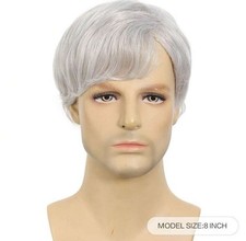 Perruque Homme Grise Synthétique Cheveux Lisses Coiffé Sur Le Côté +1 Bonnet