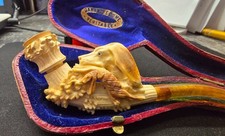 Ancienne pipe écume de mer sculptée tete de chien de chasse + étui -19eme