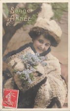 CP BONNE ANNEE FEMME CHAPEAU