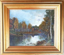 tableau ancien à restaurer: manoir en bord d'étang