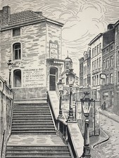 ROLAND DELATTRE Jambes de Bois Accordeons GRAVURE 50X32cm 1937