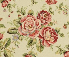 Magnifique long panneau tissu "tapisserie" vintage français rouges roses et feuilles tissées