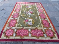 Ancien Main Fabriqué 19 Siècle Anglais Broderie Vert Rouge Laine Tapis 321X205cm