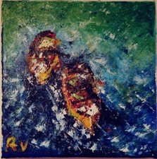 TABLEAU PAYSAGE MARIN BATEAUX . HUILE SUR TOILE SIGNE.