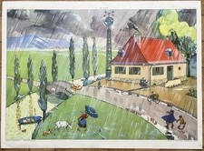 🌧️ Ancienne affiche scolaire Rossignol, 1950 - 9, 10 La pluie / Le gel (maison)