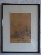 Tableau dessin ancien 1898 19 siècle XIX Hautes Alpes village La Grave Montagne