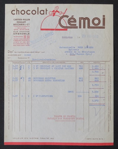 Facture toulouse 1953 - toulouse, chocolat