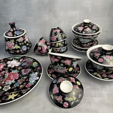 ASIE Tasse Gaiwan bol à thé assiette & sucrier porcelaine chinoise décor fleurs