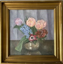 Ölbild Nature Morte Avec Fleurs Tulipes Illisible Signé 41,5 X 41 CM