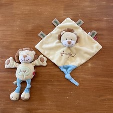 Lot Duo Doudou Peluche Plat Lion Jaune Marron Bleu Etiquettes  Jungle Tex Baby