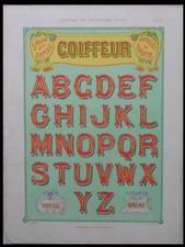 ENSEIGNES ART NOUVEAU, TYPOGRAPHIE-1905-LITHOGRAPHIE,BORDERE, COIFFEUR, ALPHABET