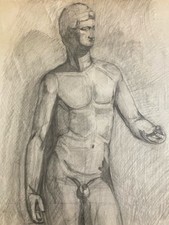 Grand Beau Dessin Académique Art Crayon 1958 homme Nu portrait Portrait Ancien