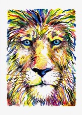 LION Félin multicolore Dessin craie grasse huile A4 Art fauvisme animaux pop art