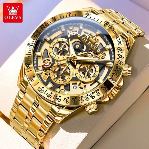 Olevs montre homme skeleton - montre, or