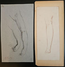 XIXe Dessins Etude Bras Jambe Femme Sanguine Fusain Signé Charles Joshua CHAPLIN