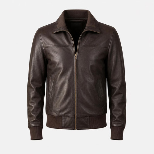Blouson bomber cuir marron - en,