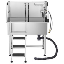 Baignoire de Chien Animaux Compagnie Acier Inox 96 cm avec Escalier Gauche
