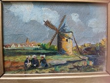 Tableau  ancien. École Française. Paysage Animé Peinture huile sur toile.