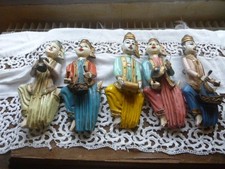 Statues Birmanie anciennes  bois sculpté polychrome musiciens myanmar lot 4+1off