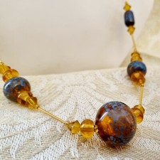 Collier Vintage Verre Murano Sulfures Baguettes Toupies  60's Ton Ambre & Bleu 