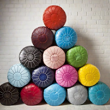 Pouf rond en cuir marocain coloré
