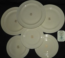 Porcelaine de LIMOGES - VIGNAUD x6 assiettes plates monogrammées (émail crème)
