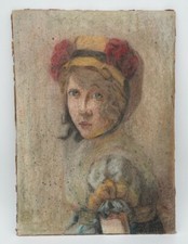 PORTRAIT PASTEL SUR CARTON 1900 JEUNE FILLE AU BONNET JAUNE H3652