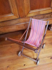 Poussette en bois, pliante pour poupon ou poupée, tissu d'origine